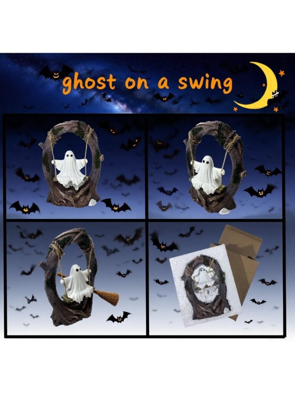 Swinging Ghost on Tree Swing Figurine Cute Halloween Indoor Outdoor Garden Decor - Picture 6 of 7
